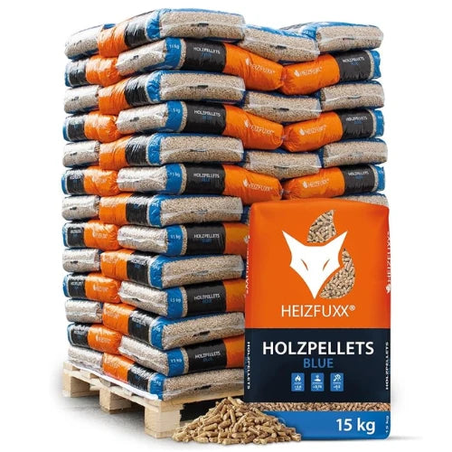HEIZFUXX Dřevěné pelety Blue 6 mm ENplus A1 – 975 kg (65 × 15 kg) – měkké dřevo